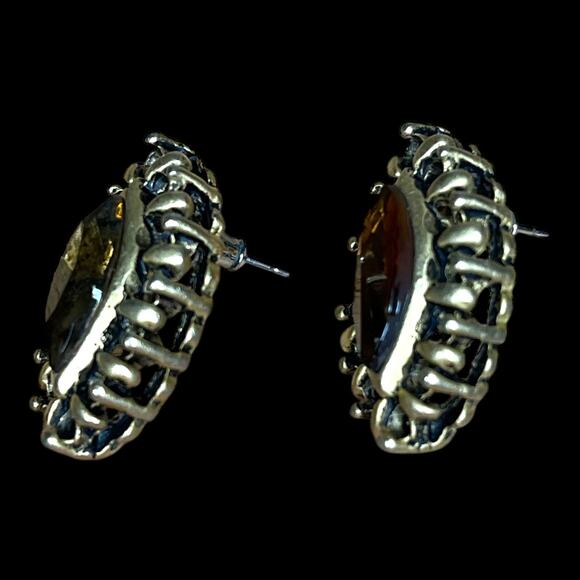 Vintage Amber Glass Marquise Stone Brass Tone Post Earrings - Picture 11 of 16